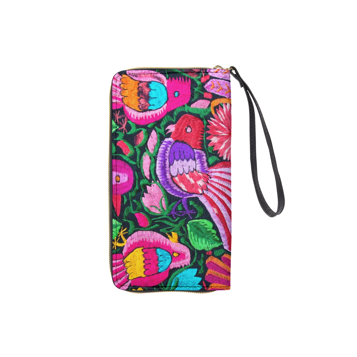 Botanical Bird Themed Long Wallet With Black Hand Strap