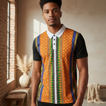 African Kente Stripe Polo Shirt — Vibrant Cultural Print Golf Polo Printify