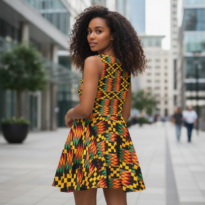 Kente Print Skater Dress — African-Inspired Bold Pattern Sundress
