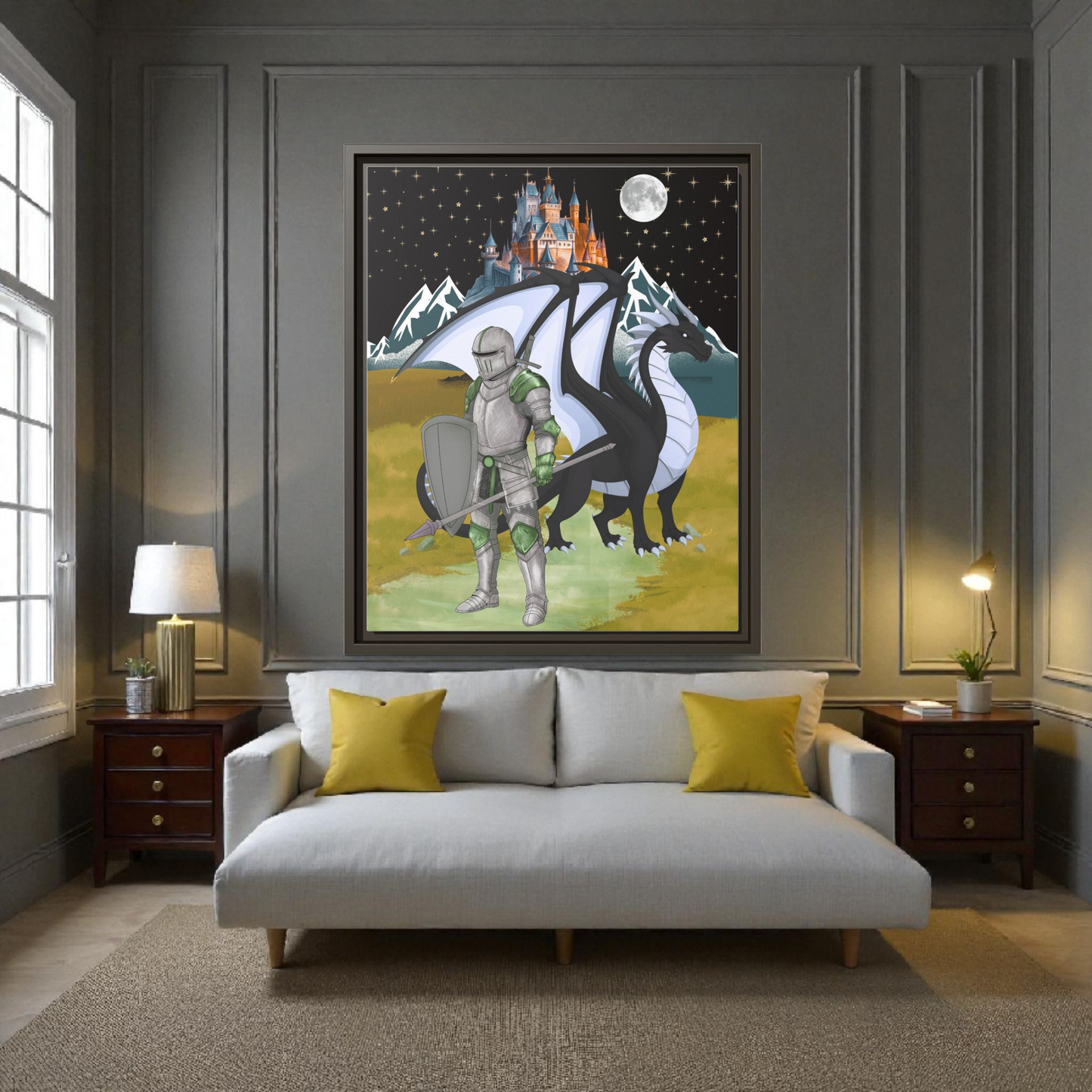 Framed Matte Canvas - Knight and Dragon Fantasy Art