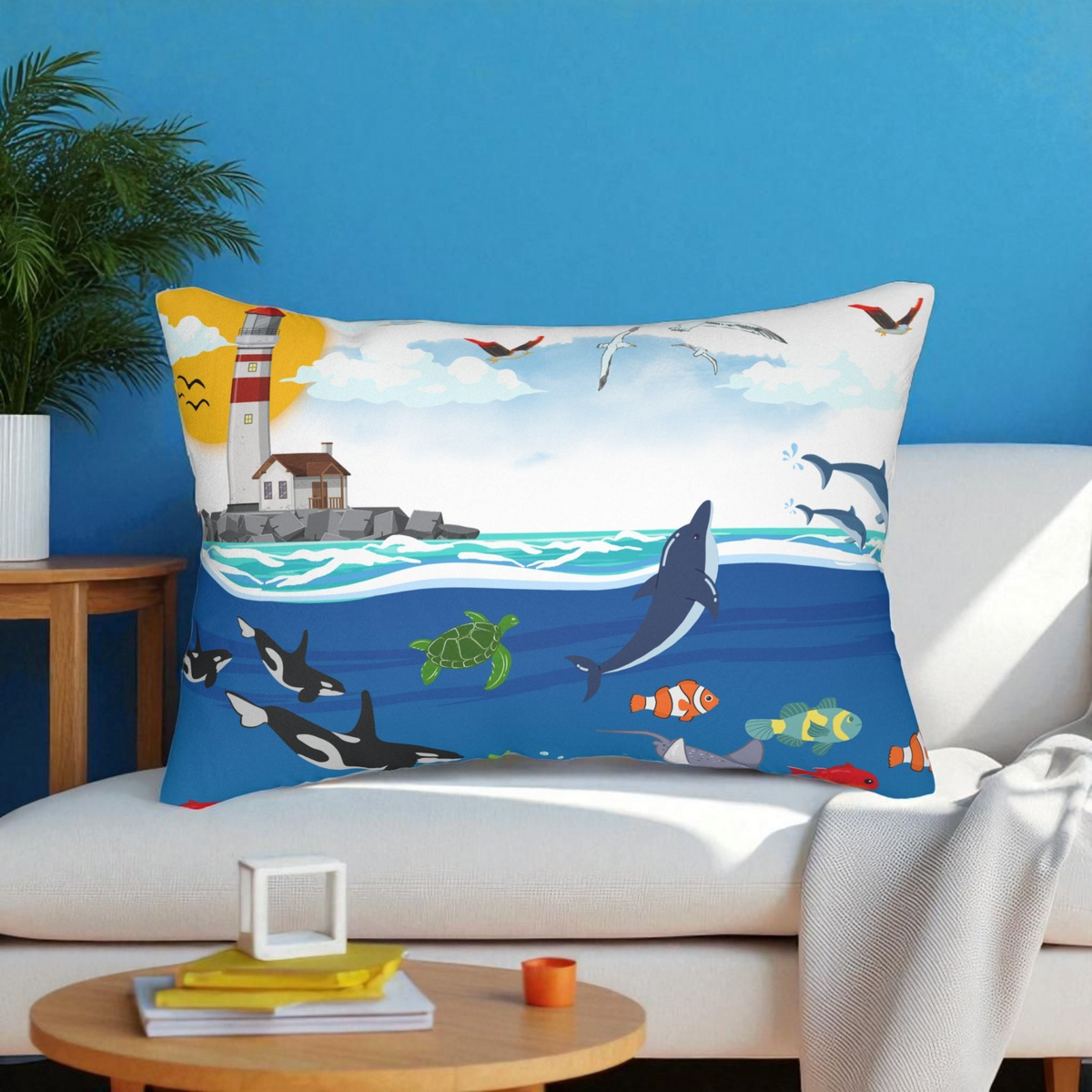 Ocean Adventure Lumbar Pillow - Nautical Marine Decor for Home Printify