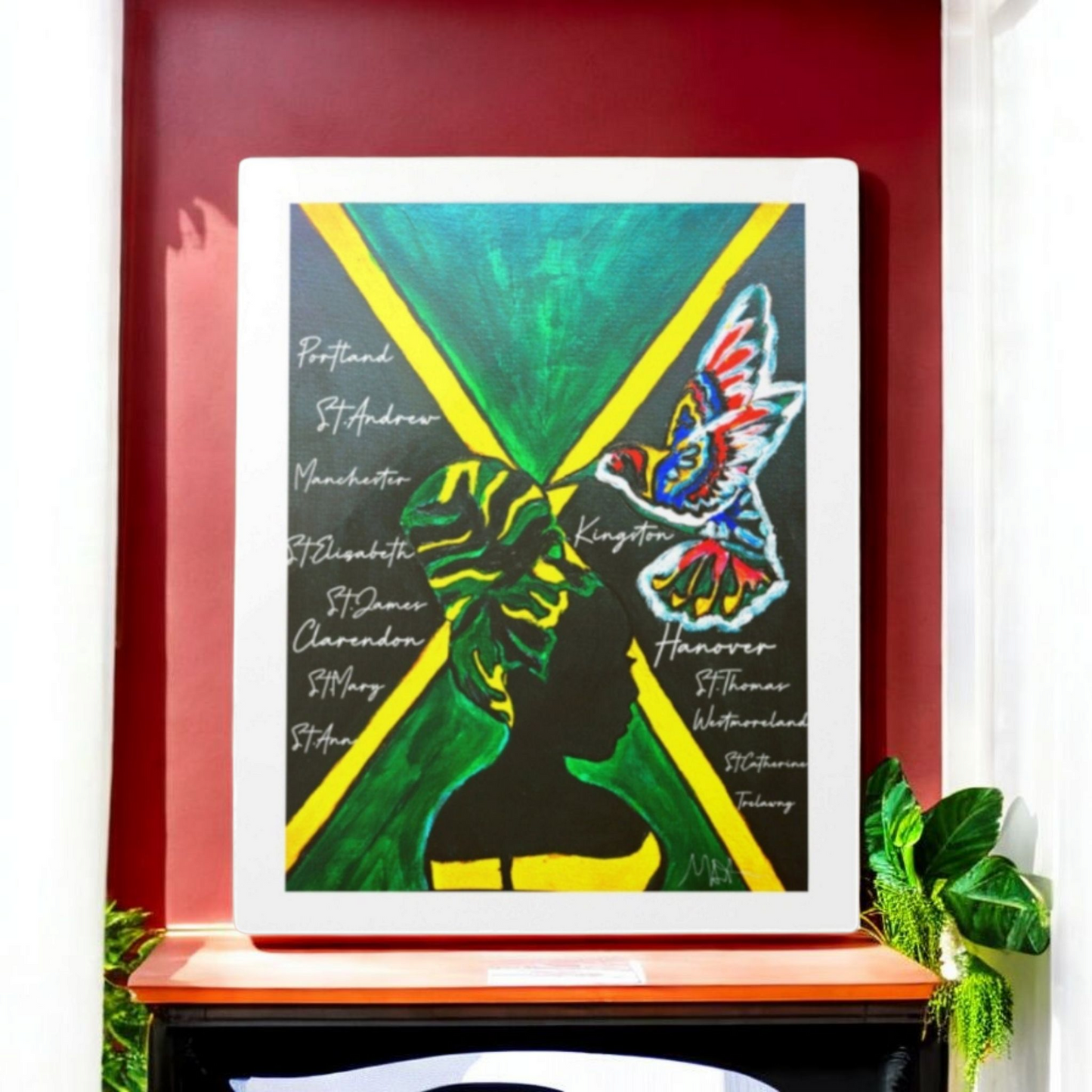 Handcrafted Ethnic Wall Art - Jamaican Female Portrait with Flag Colors, Cultural Home Accent
