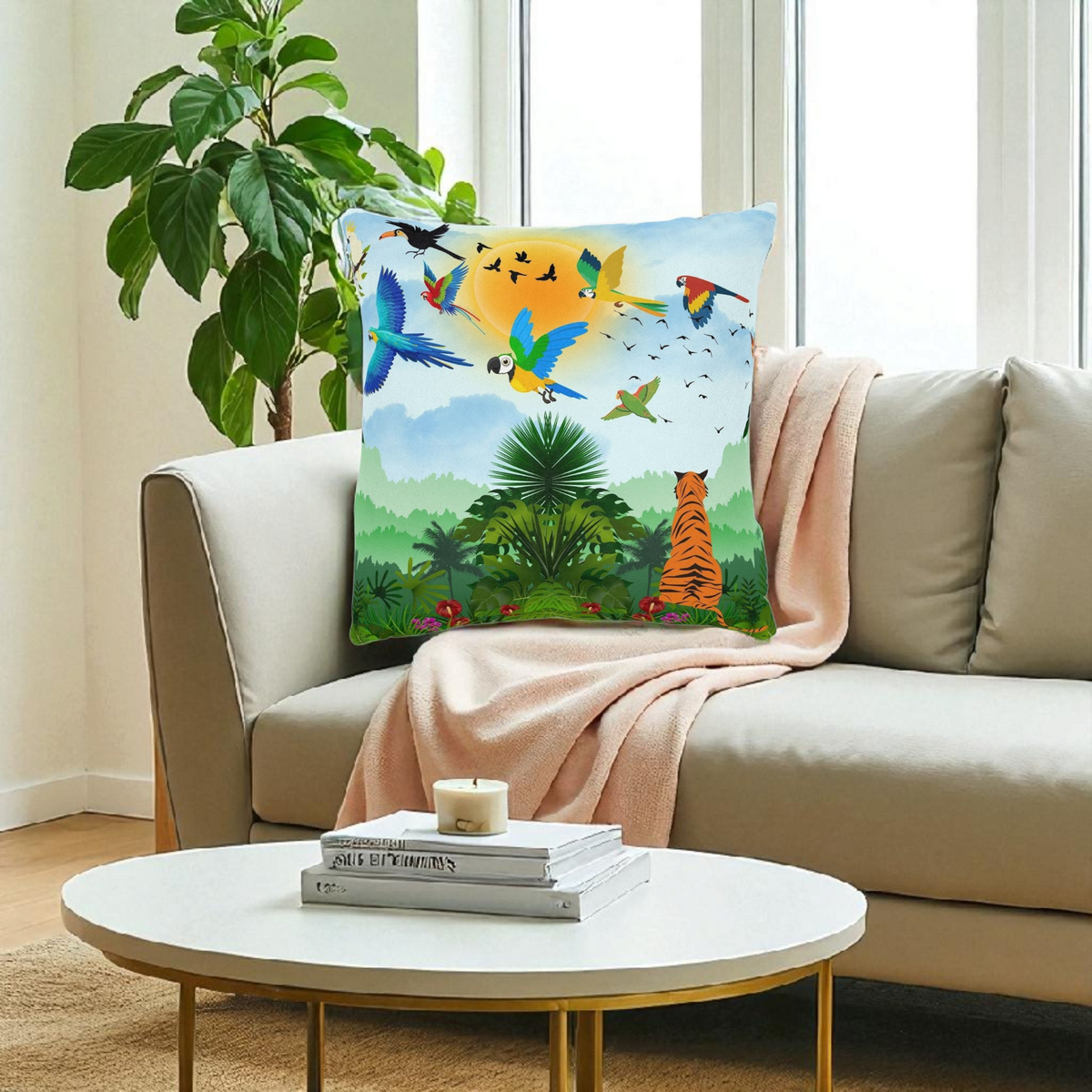 Tropical Jungle Square Pillow — Colorful Parrots & Tiger Decorative Throw Pillow Printify
