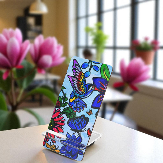 Mobile Display Stand with Handcrafted Spring Floral Artwork, Artisan Phone Holder