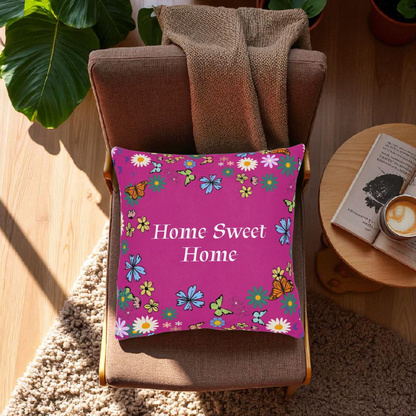 Floral Home Sweet Home Square Pillow - Cozy Decor for Living Room & Bedroom