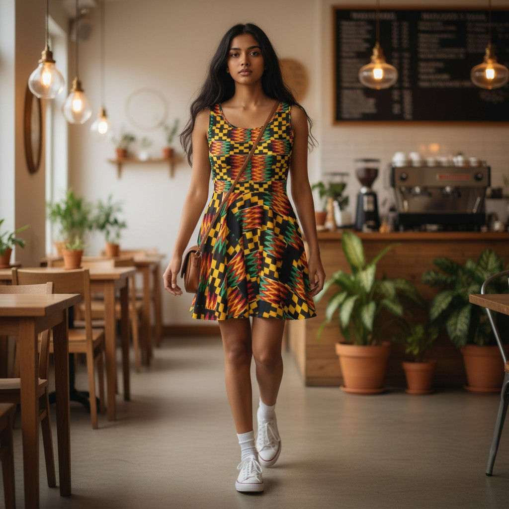 Kente Print Skater Dress — African-Inspired Bold Pattern Sundress