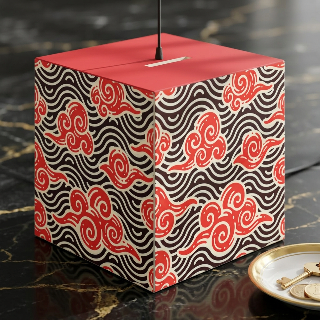 Japanese Wave Cube Lamp — Red Kumo Pattern Light