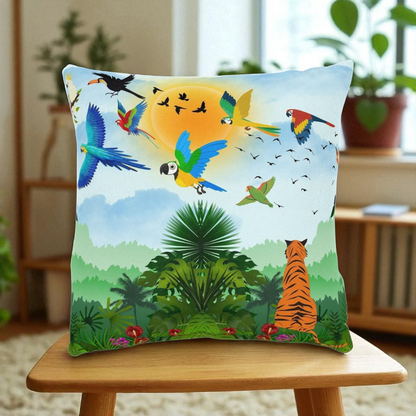 Tropical Jungle Square Pillow with Vibrant Wildlife Design
