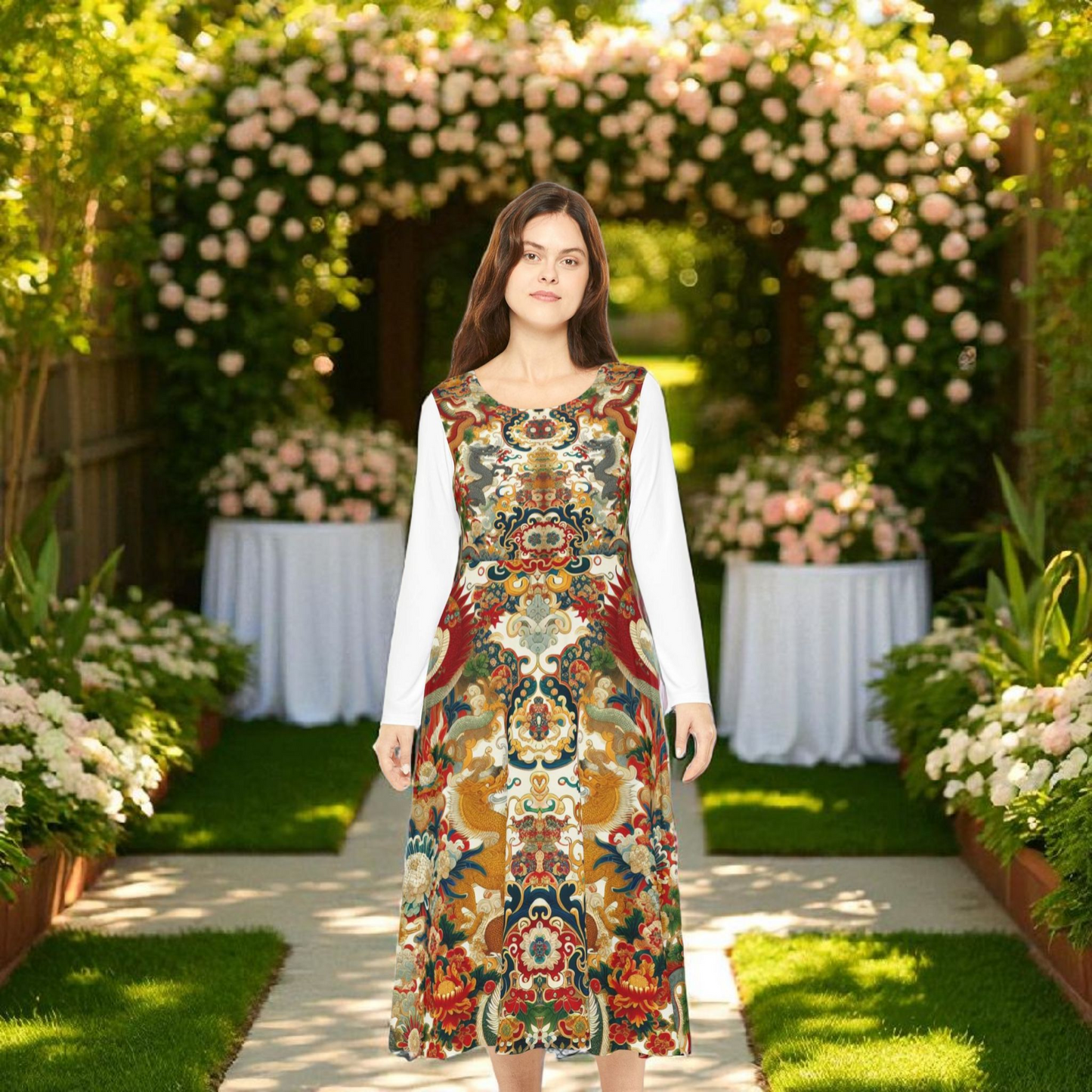 Elegant Floral Print Long Sleeve Dance Dress, Perfect for Parties, Dance Recitals