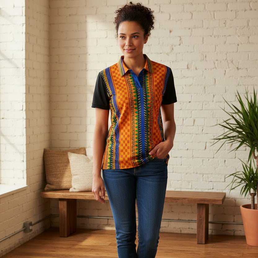 African Kente Stripe Polo Shirt — Vibrant Cultural Print Golf Polo Printify