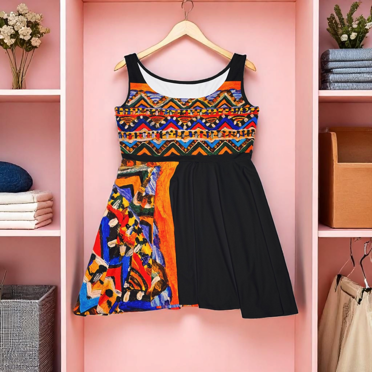 Boho Chic Handcrafted Women's Skater Dress – Tribal-Inspired Textile
