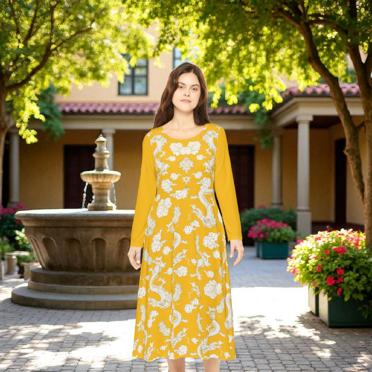 Dragon Print Long Sleeve Dance Dress | Boho Style, Dance Wear, Vintage Inspired