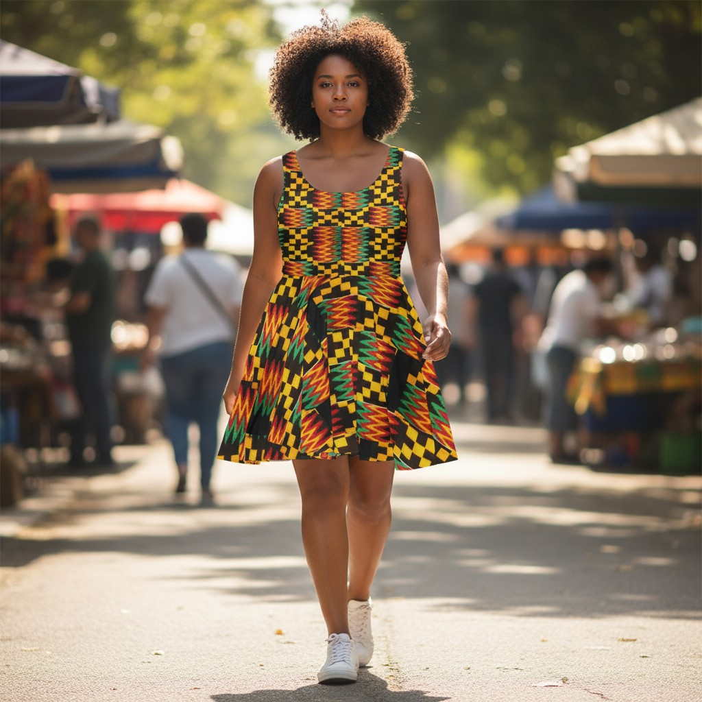 Kente Print Skater Dress — African-Inspired Bold Pattern Sundress