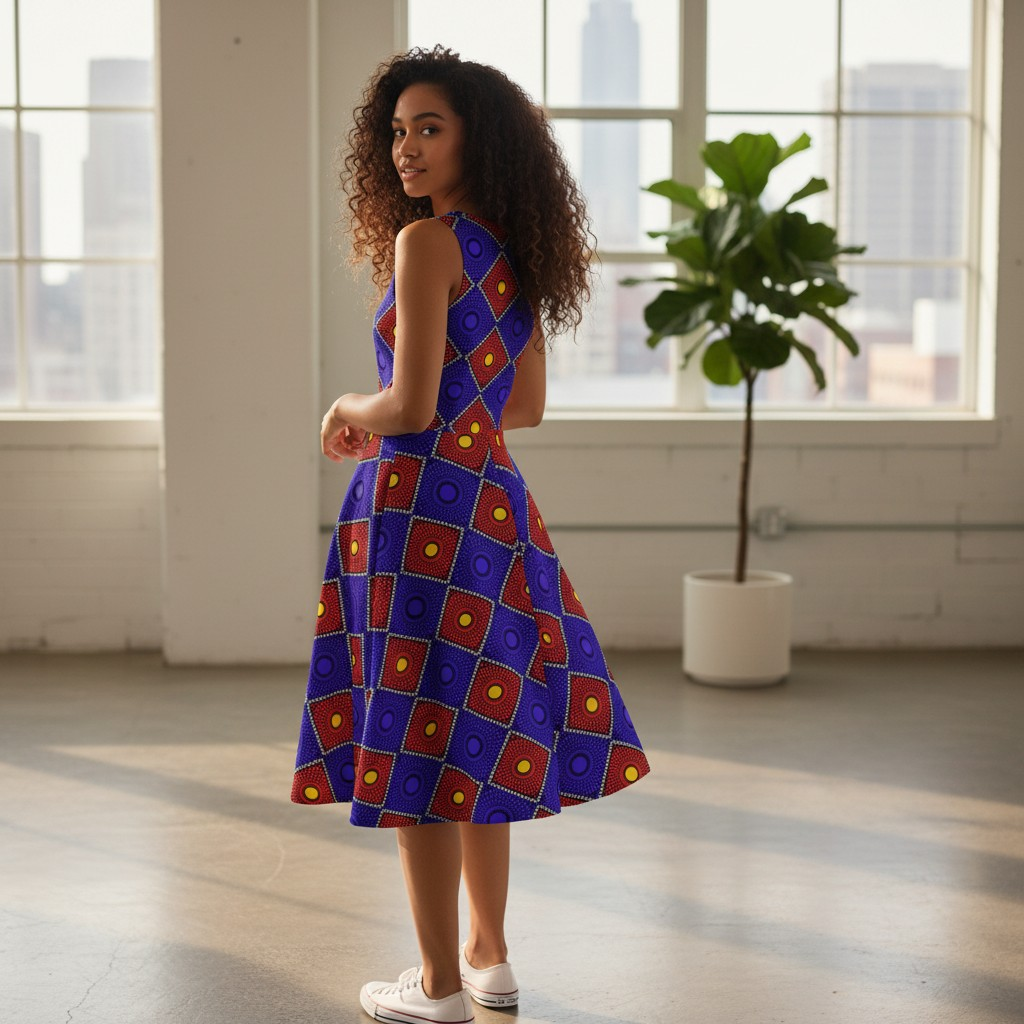African Wax Print Skater Dress — Bold Purple & Red Geometric Pattern