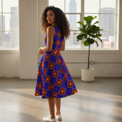 African Wax Print Skater Dress — Bold Purple & Red Geometric Pattern