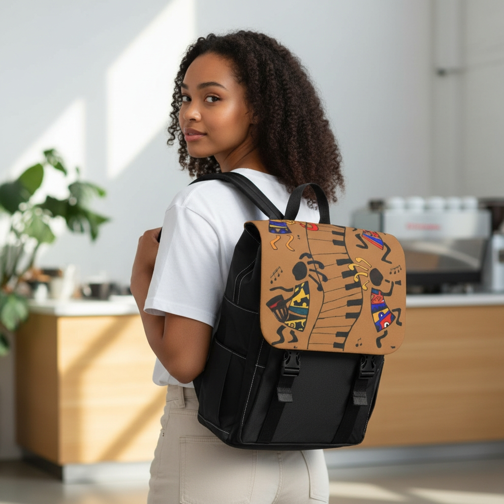 Afro Music Cartoon Backpack, Handcrafted Unisex Shoulder Bag for Casual Use