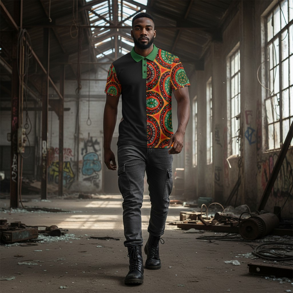 African Mandala Print Polo — Half-Panel Geo Pattern Golf Shirt