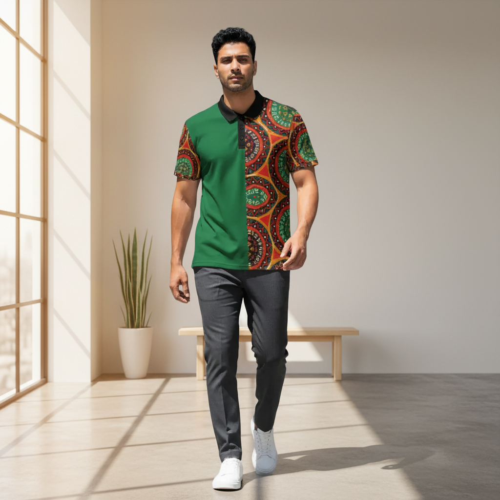 African Mandala Print, Unisex Polo Shirt — Bold Orange & Green Tribal Pattern