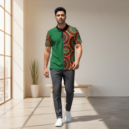 African Mandala Print, Unisex Polo Shirt — Bold Orange & Green Tribal Pattern