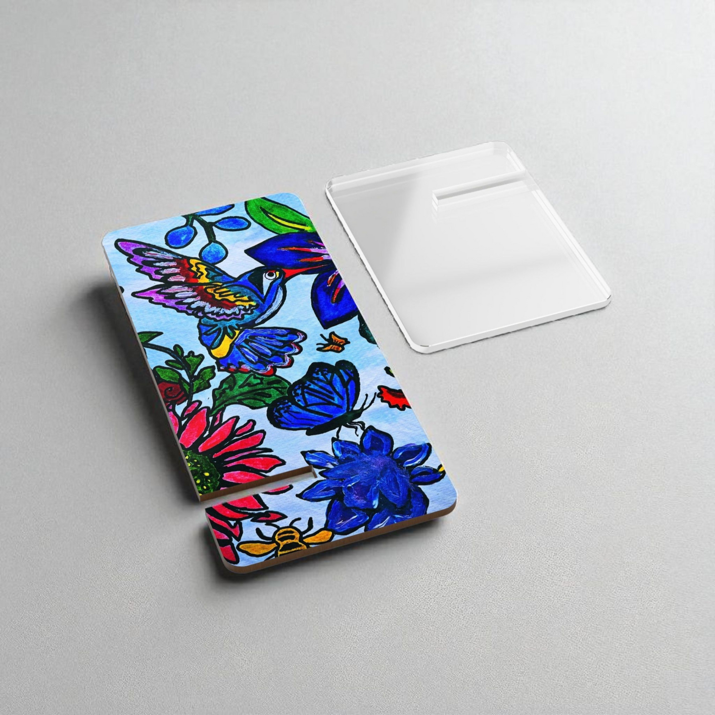 Mobile Display Stand with Handcrafted Spring Floral Artwork, Artisan Phone Holder