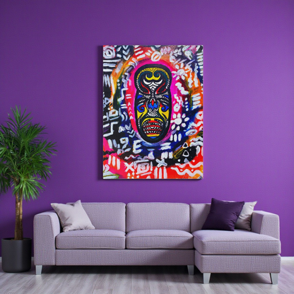 Artisan Tribal Mask Painting on Matte Stretched Canvas, Eco-Friendly Wall Art for Home Decor