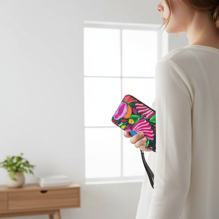 Botanical Bird Themed Long Wallet With Black Hand Strap