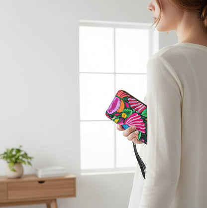 Botanical Bird Themed Long Wallet With Black Hand Strap
