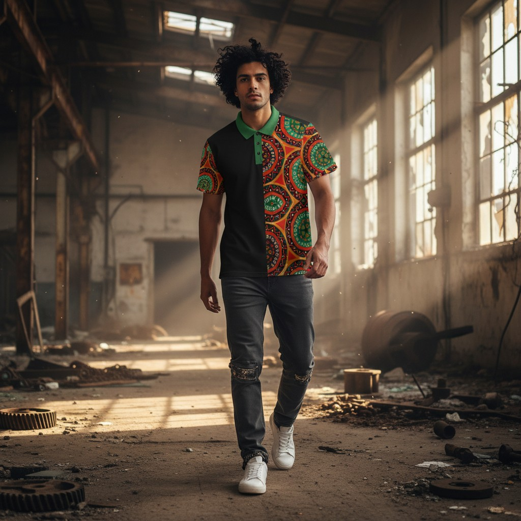 African Mandala Print Polo — Half-Panel Geo Pattern Golf Shirt