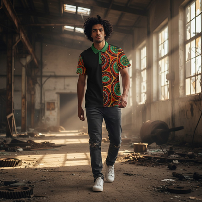 African Mandala Print Polo — Half-Panel Geo Pattern Golf Shirt