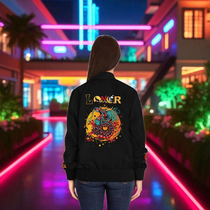 Dragon Graphic Women's Bomber Jacket, Mythical All Over Design, Zip Up Outerwear