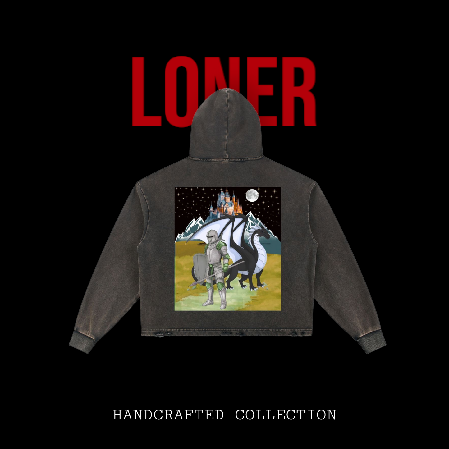 Medieval Dragon Themed Graphic Vintage Washed Frayed-Hem Hoodie