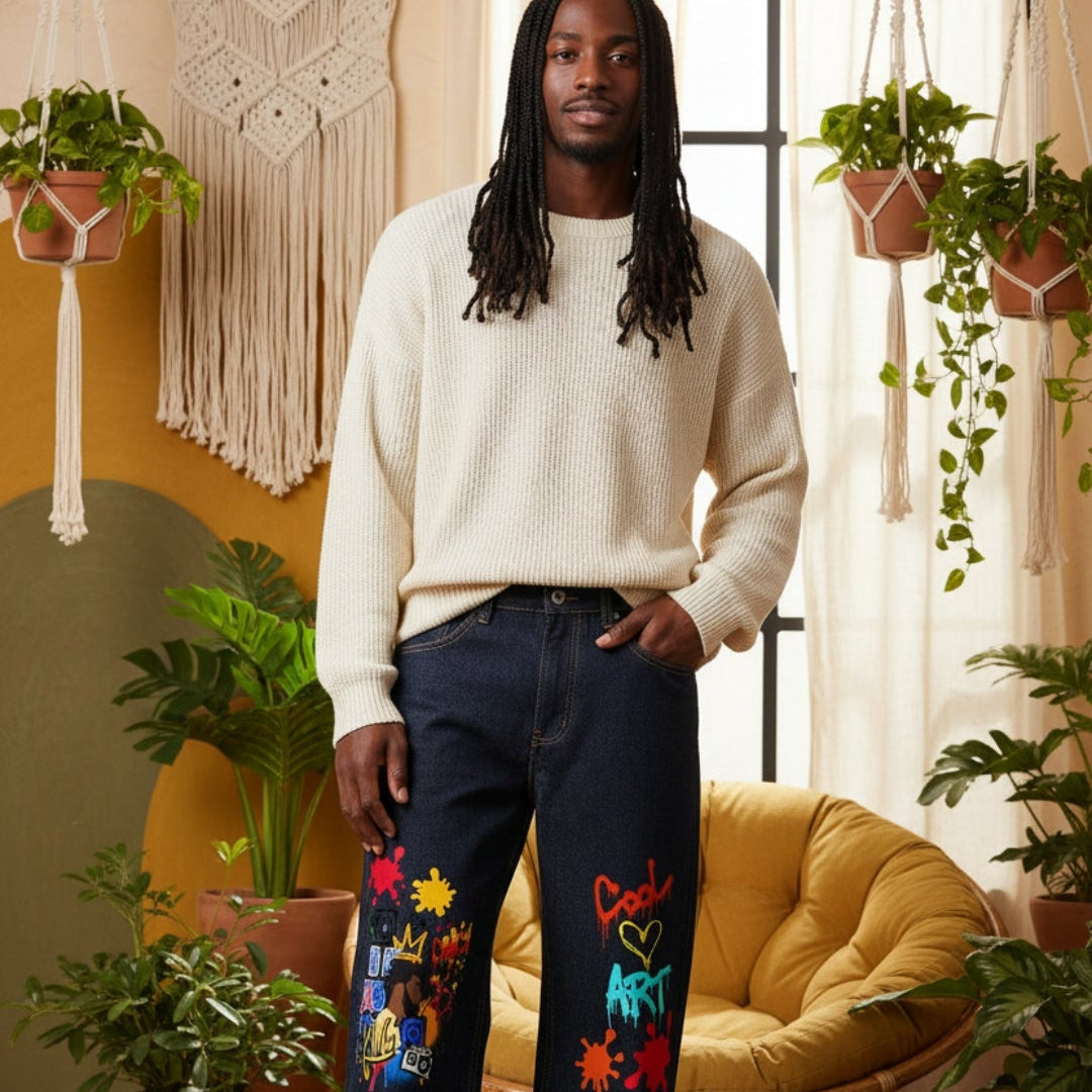 Colorful Graffiti Music Themed Graphic Men's Heavyweight Straight Leg Denim Jeans