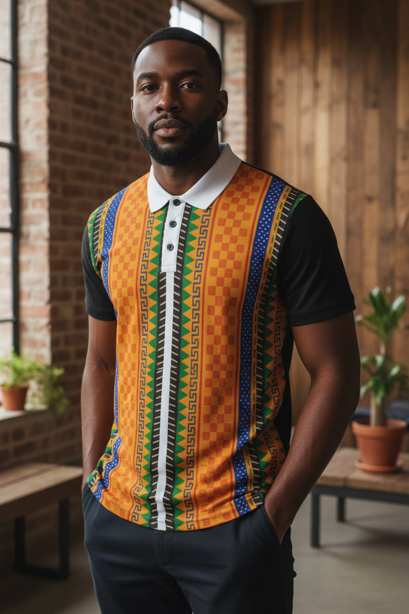 African Kente Stripe Polo Shirt — Vibrant Cultural Print Golf Polo Printify