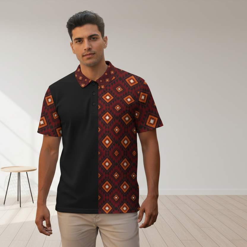 Patterned Polo Shirt — Red Geometric Diamond Print