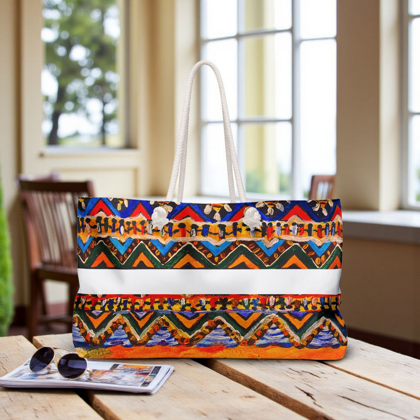 Artisan Aztec Textile Weekender Bag - Oversized, Durable Tote with Rope Handles