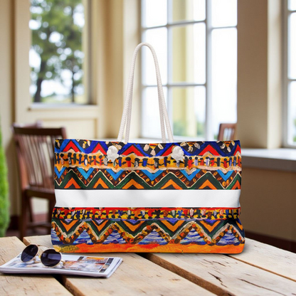 Artisan Aztec Textile Weekender Bag - Oversized, Durable Tote with Rope Handles