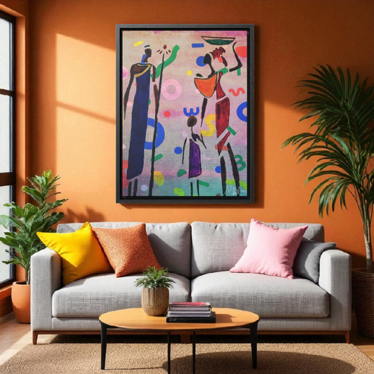 Tribal African Family Sketch - Handcrafted Wall Art, Authentic Home Decoration, Vertical Frame