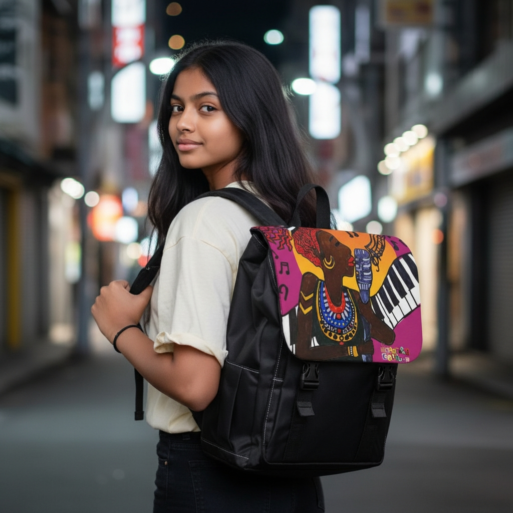 Afro Singer, Ethnic Music-Inspired Unisex Shoulder Backpack - Stylish & Functional