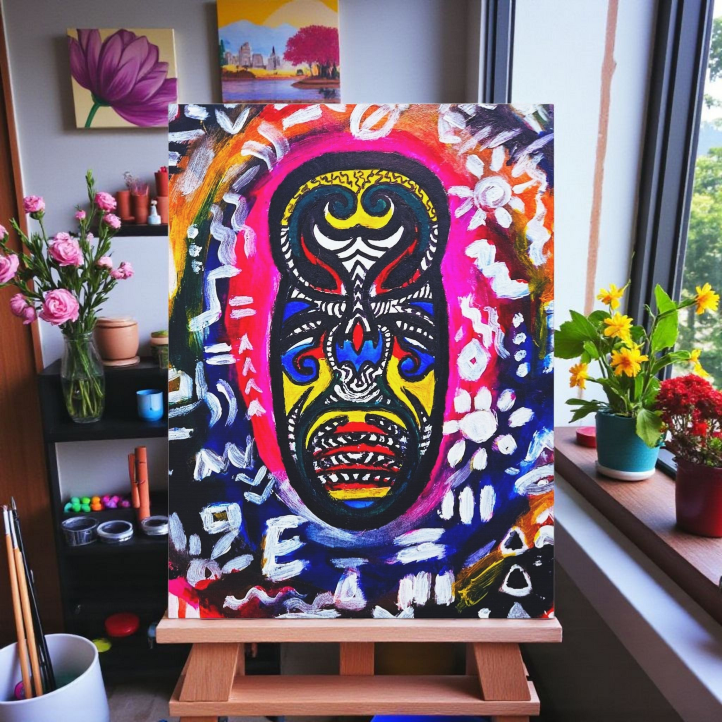 Unique Tribal Mask Painting,  Matte Canvas Stretched - Authentic Ethnic Decor