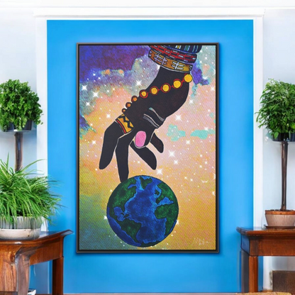 Cosmic Ethnic Wall Art - Handcrafted Astronomical Painting, Unique Space-Themed Decor, Vertica Frame