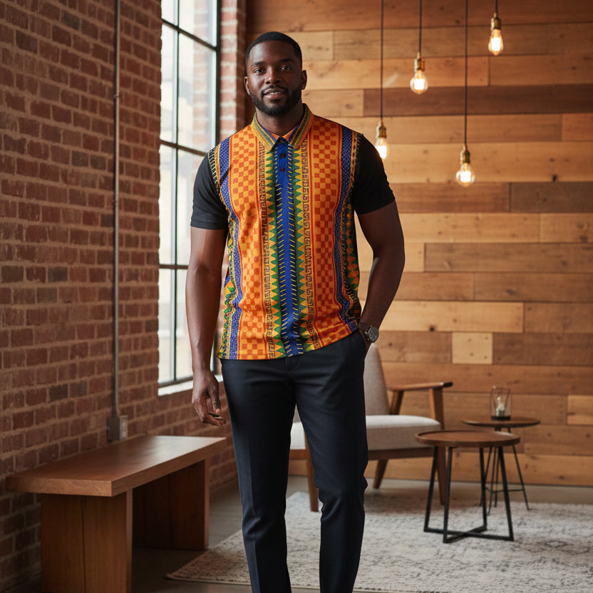 African Kente Stripe Polo Shirt — Vibrant Cultural Print Golf Polo Printify