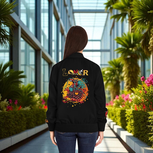 Dragon Graphic Women's Bomber Jacket, Mythical All Over Design, Zip Up Outerwear