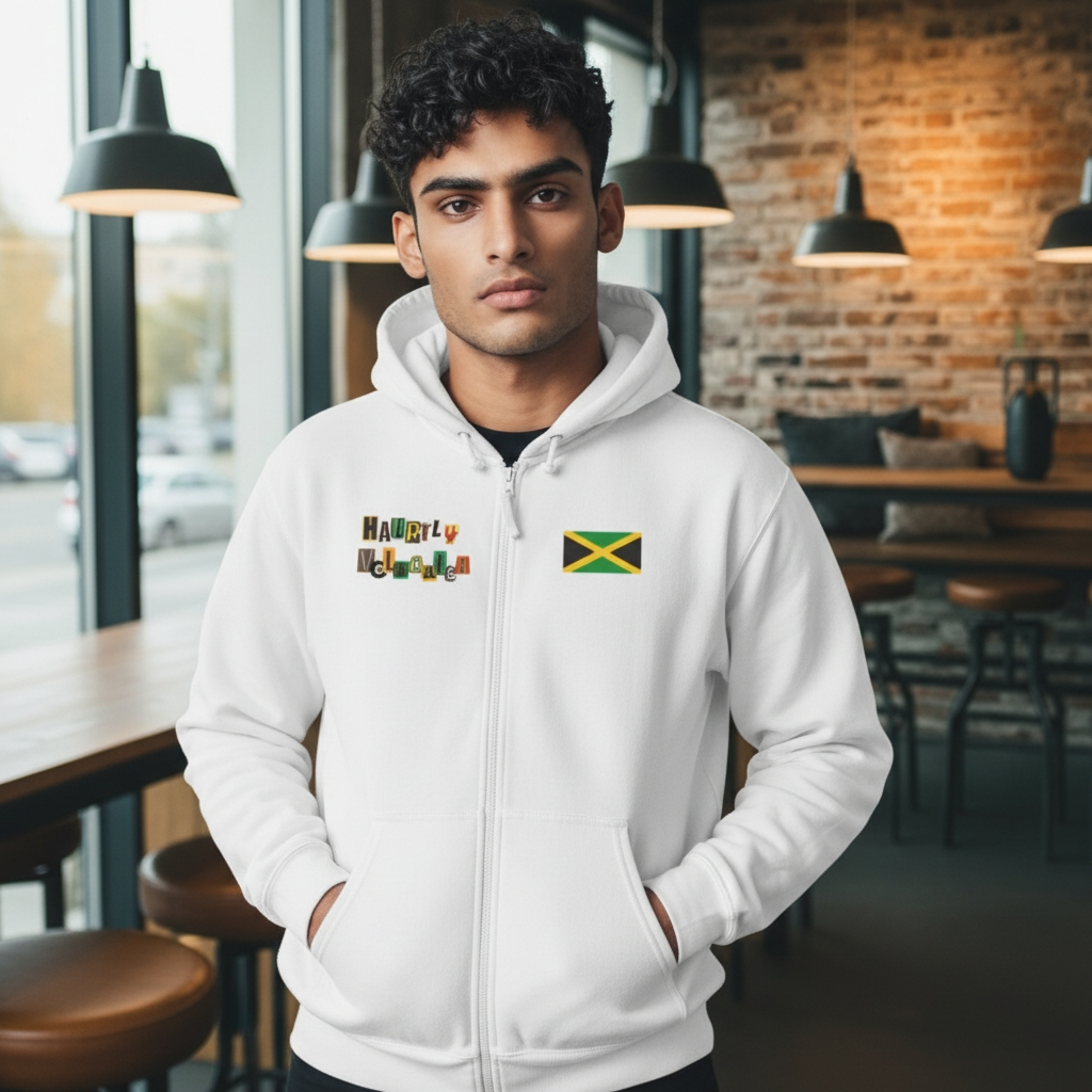 Illustrated Jamaican Woman Ethnic Streetwear Full Zip Hoodie, Jamaican Flag Colors