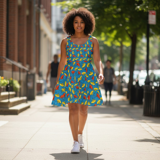 Tropical Leaf Skater Dress — Bright Blue All-Over Print Women's Dress