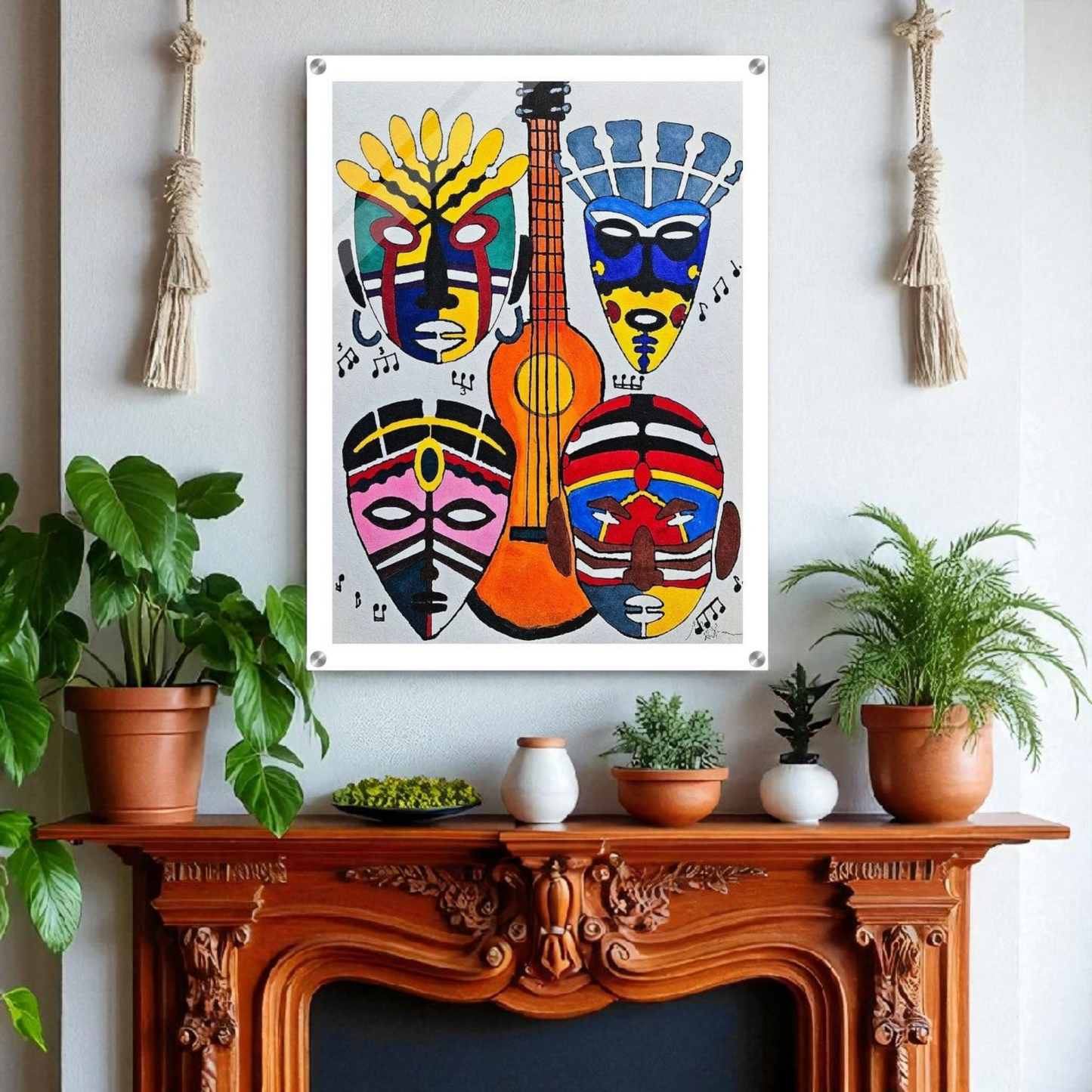 Original Singing Tribal Mask Acrylic Print, Handcrafted Artisanal Decor