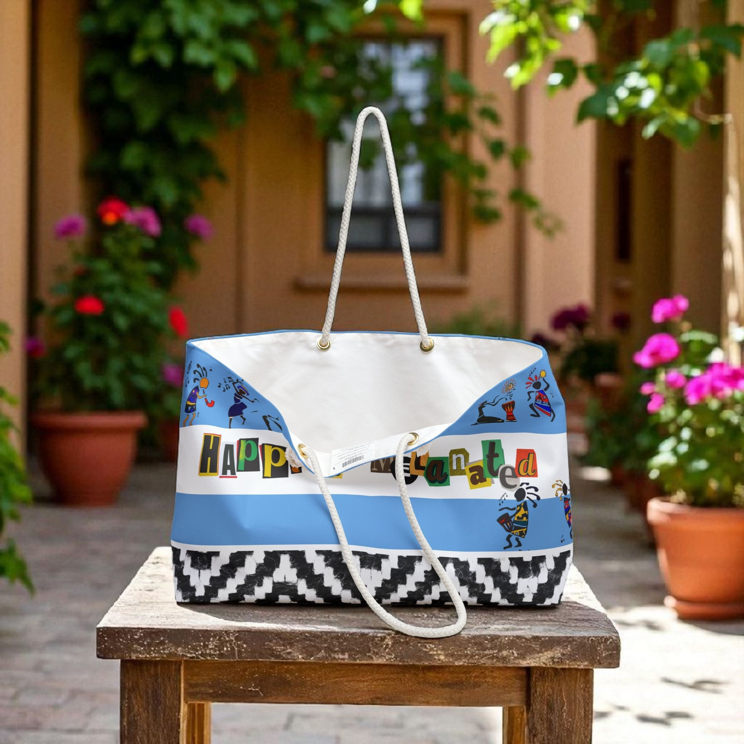 Handcrafted Ethnic Music Art Weekender Bag - Oversized, Durable Tote with Rope Handles
