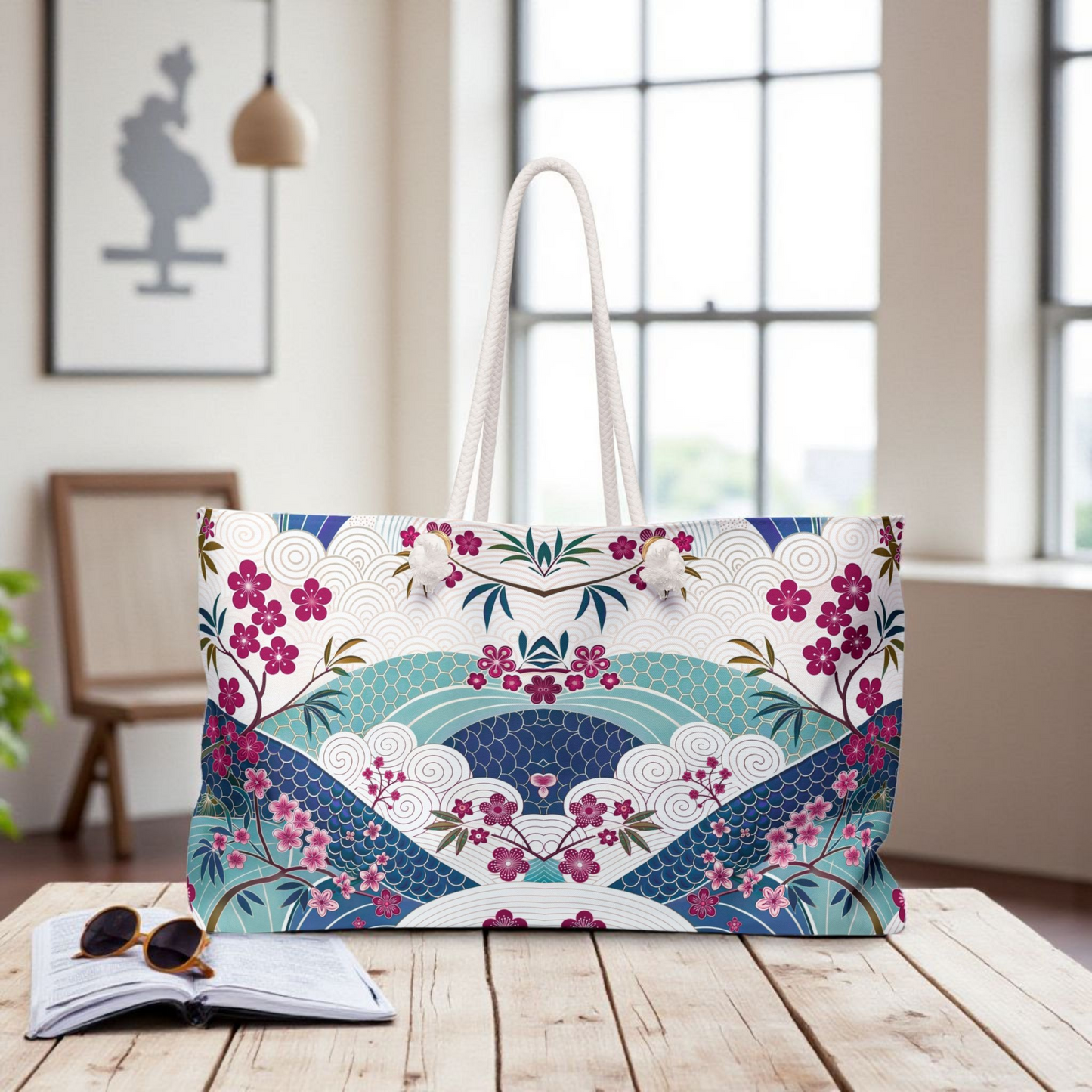 Japan Inspired  Stylish Floral Weekender Bag, Travel Tote, Floral Travel Bag