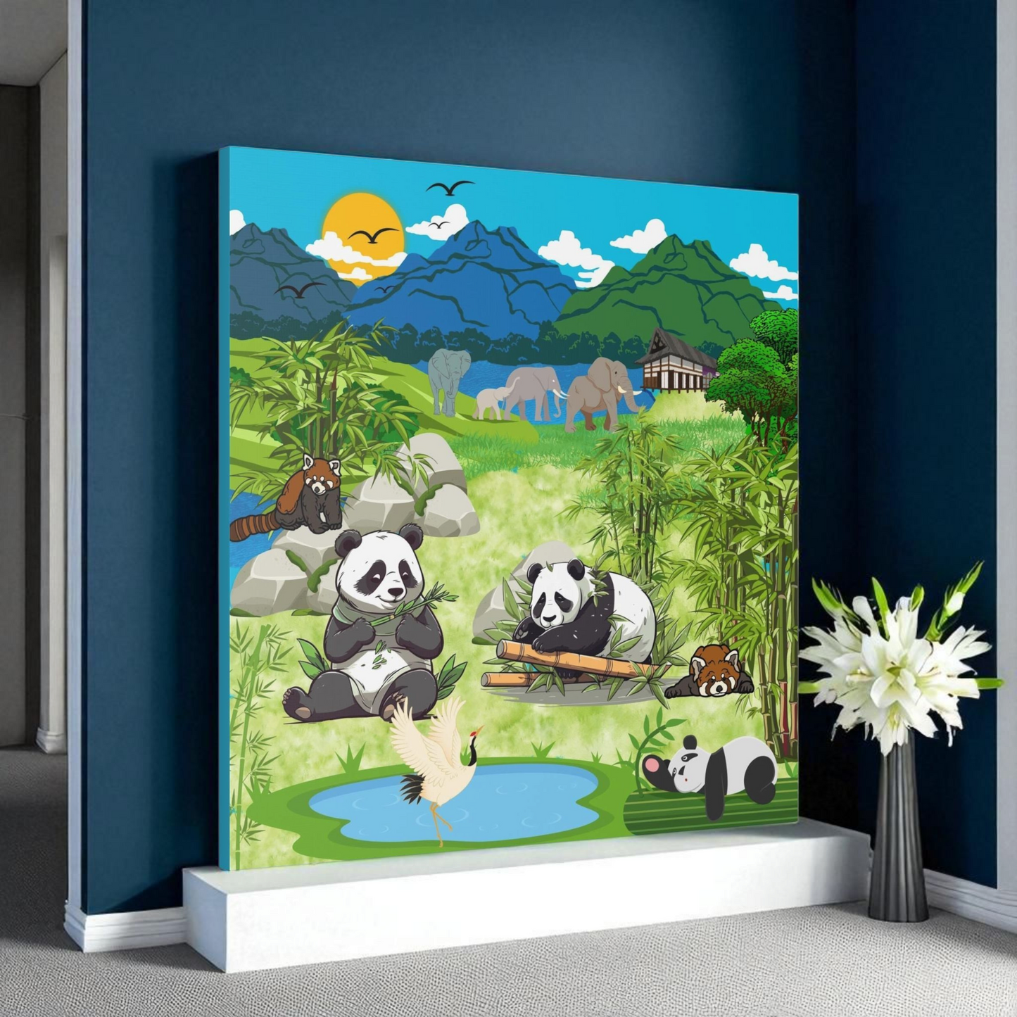 Animal Canvas, Panda and Elephant Wall Art, Nature Gallery Wrap, Asian Wildlife Print