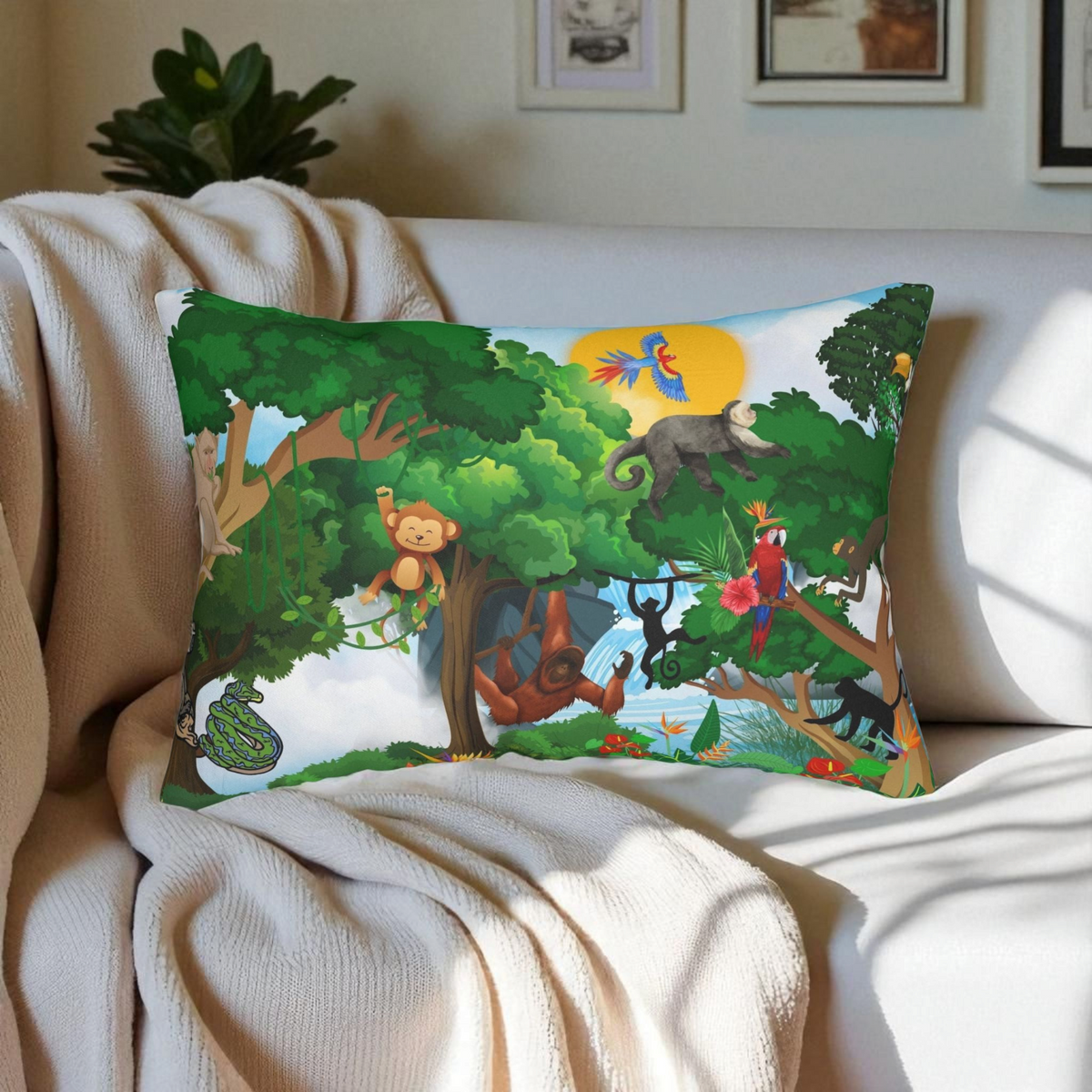 Jungle Adventure Lumbar Pillow - Colorful Wildlife Decor Printify