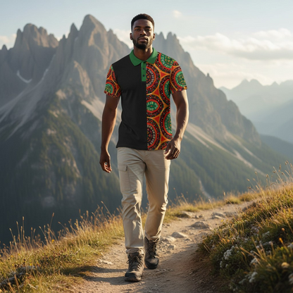 African Mandala Print Polo — Half-Panel Geo Pattern Golf Shirt